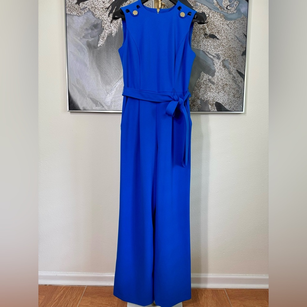 Calvin Klein Cobalt Blue Crewneck Sleeveless Tie Waist Belted Wide-Leg Jumpsuits